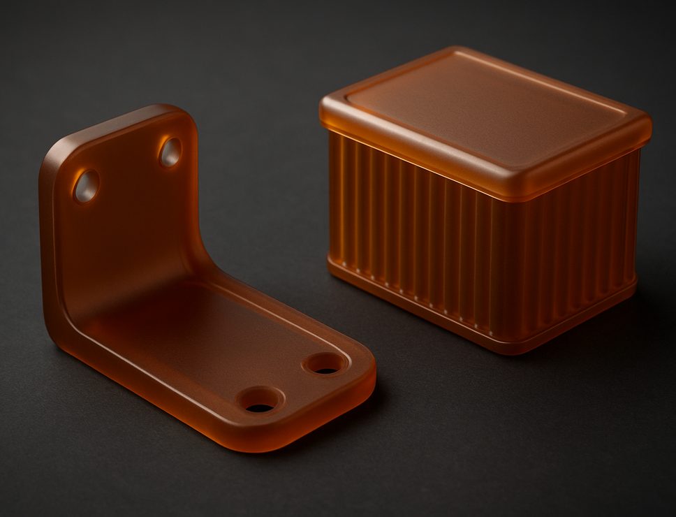 SLA 3D printed High Temp Resin bracket and ribbed enclosure, translucent dark amber