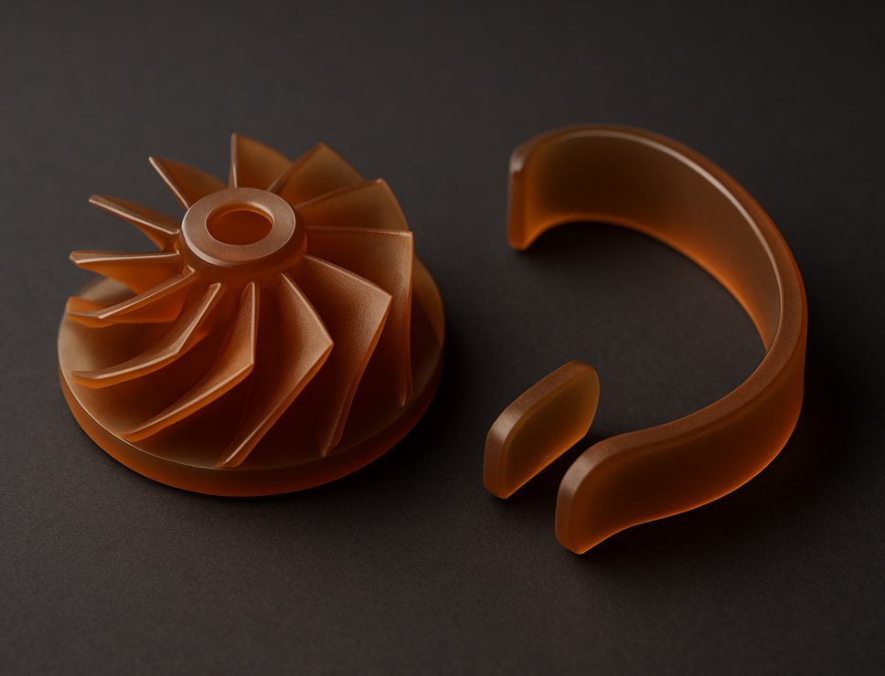SLA 3D printed High Temp Resin turbine impeller and clip, translucent dark amber