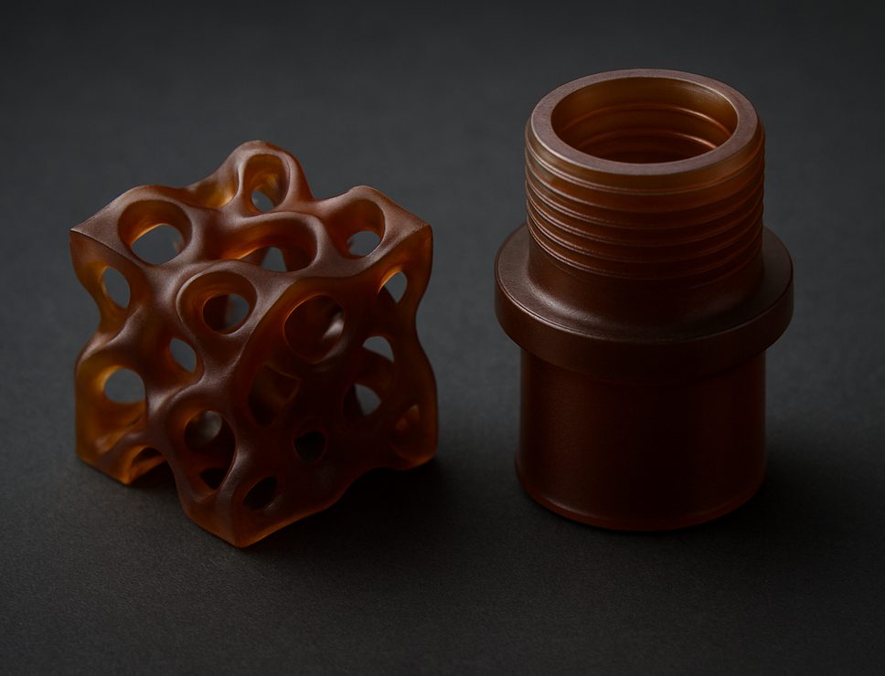 SLA 3D printed High Temp Resin lattice test cube and threaded housing