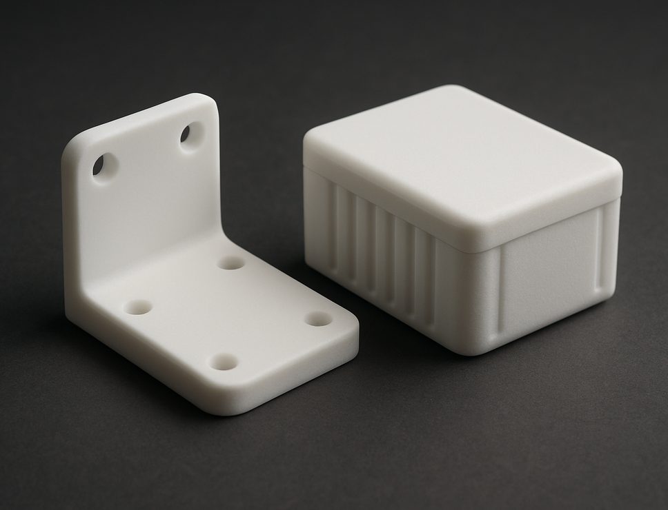SLA 3D printed Nylon Like Resin bracket and ribbed enclosure, opaque white