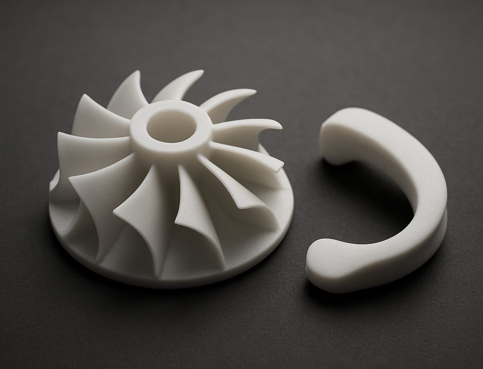 SLA 3D printed Nylon Like Resin turbine impeller and clip, opaque white
