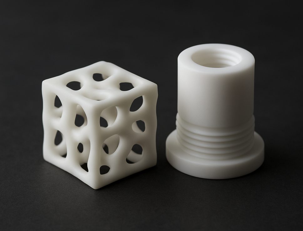 SLA 3D printed Nylon Like Resin lattice test cube and threaded housing