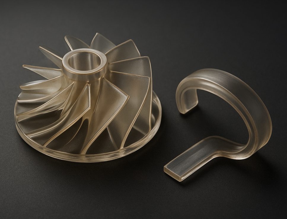 SLA 3D printed Pro 90 Transparent Resin turbine impeller and clip, clear with faint amber tint