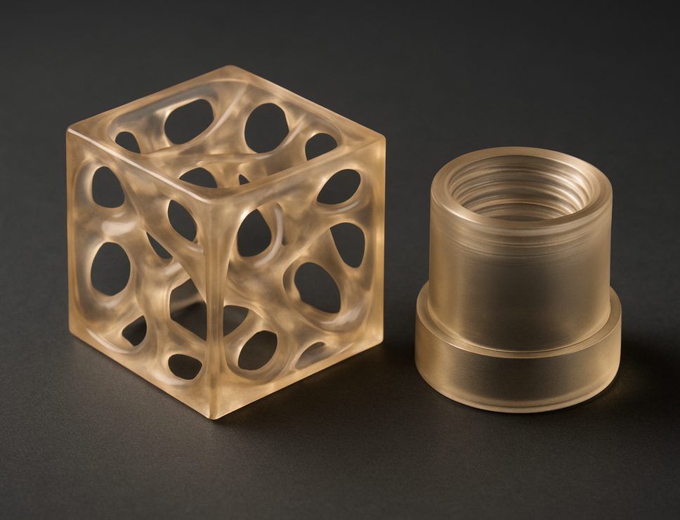 SLA 3D printed Pro 90 Transparent Resin lattice test cube and threaded housing