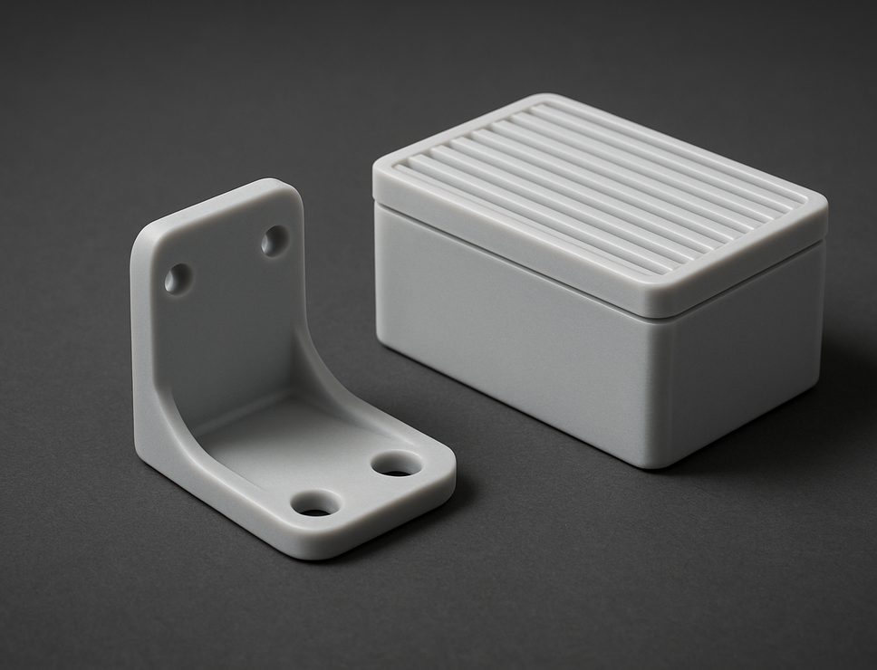 SLA 3D printed Rigid Resin bracket and ribbed enclosure, stiff mineral-filled light grey with slight sheen