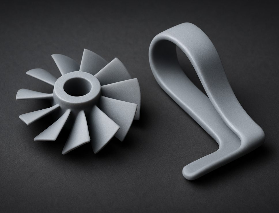 SLA 3D printed Rigid Resin turbine impeller and clip, stiff mineral-filled light grey with slight sheen