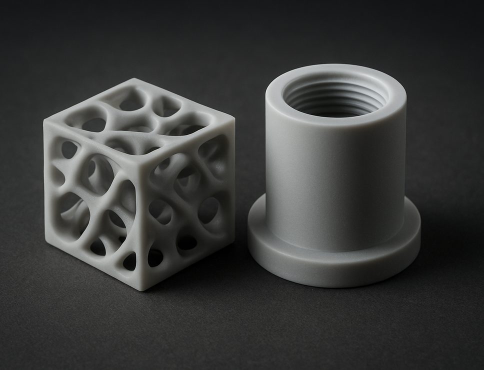SLA 3D printed Rigid Resin lattice test cube and threaded housing