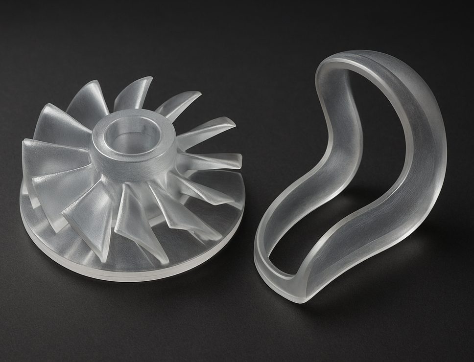SLA 3D printed Standard Transparent Resin turbine impeller and clip, clear transparent