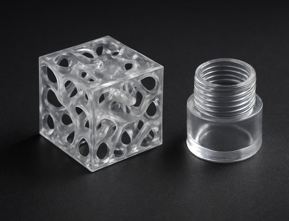 SLA 3D printed Standard Transparent Resin lattice test cube and threaded housing