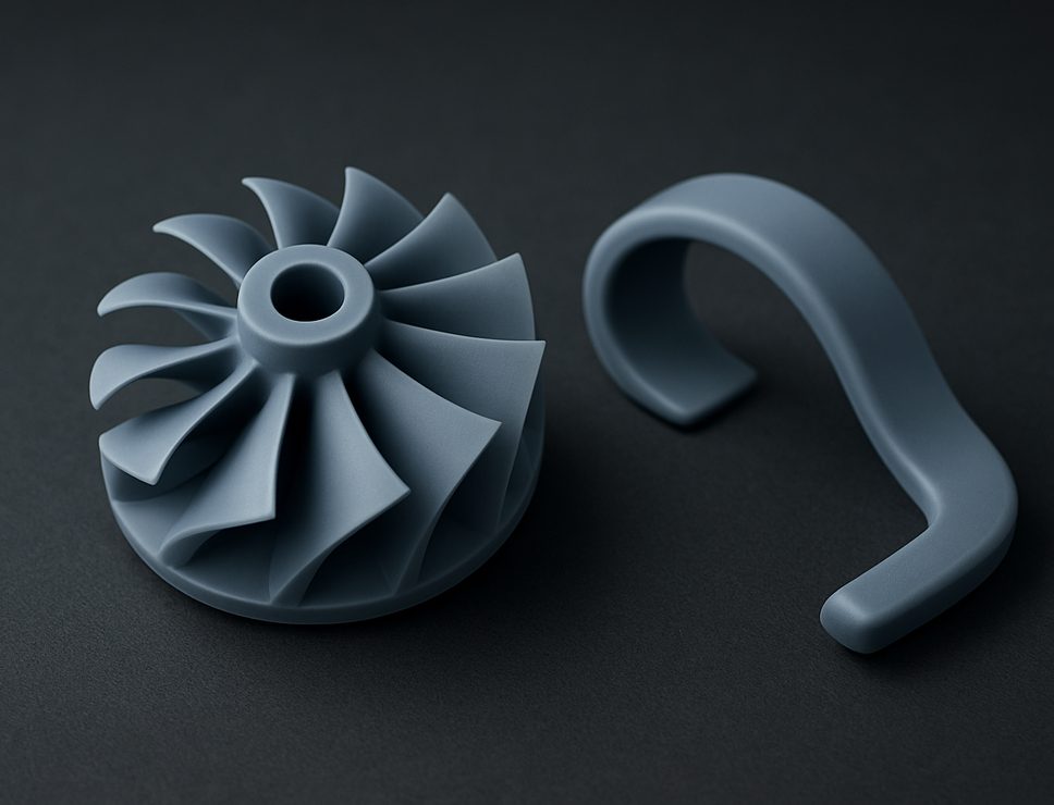 SLA 3D printed Tough Resin turbine impeller and clip, opaque grey-blue