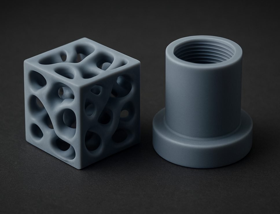 SLA 3D printed Tough Resin lattice test cube and threaded housing